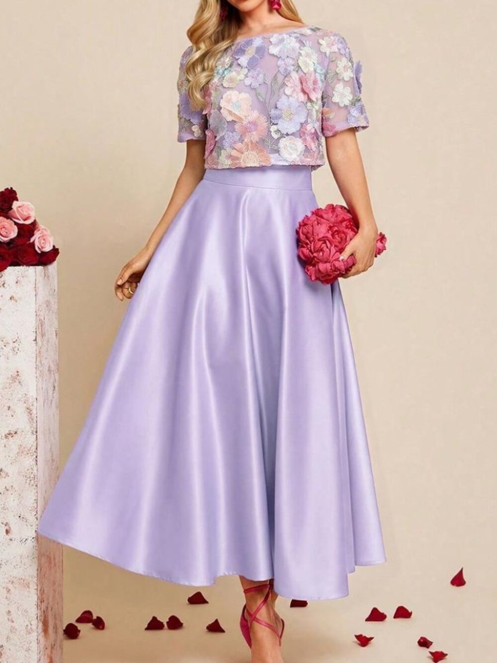 Elegant Mauve Purple High-End Embroidered Top & A-Line Skirt 2-Piece Set
